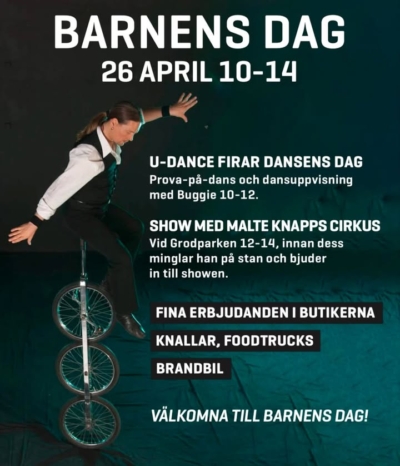 Barnens dag lördagen den 26 april🍭🍩🍿🚒🎈

U-dance firar dansens dag med Prova-på-dans,
Buggie har dansuppvisning, 10-12

Show med Malte knapps cirkus, 12-14

Knallar, fina erbjudanden och brandbil 

VÄLKOMNA🎈